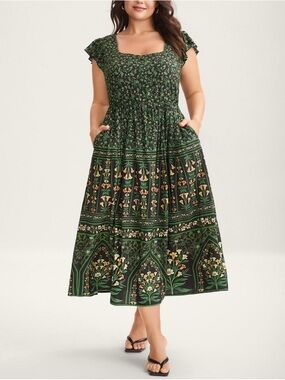Green Floral Square-Neck Midi Dress